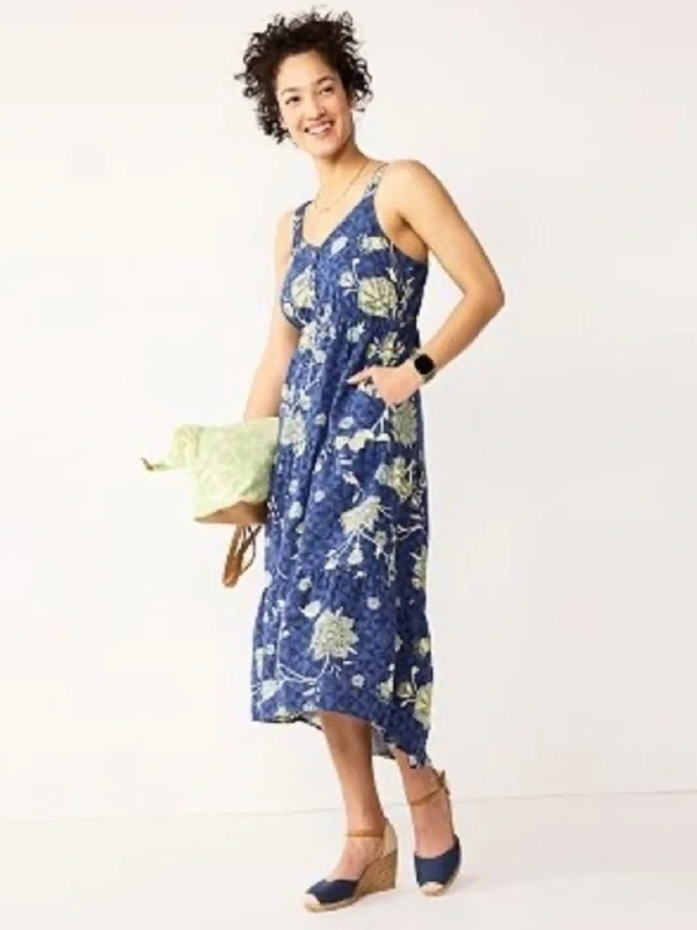 Sonoma Blue Floral Midi Dress with Pockets